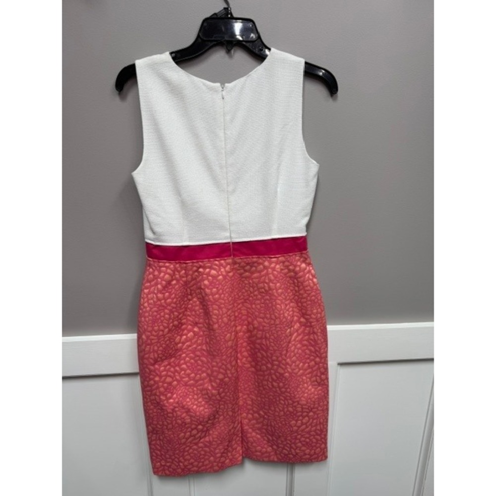 Calvin Klein Women White Pink Coral Colorblock Jacquard Sheath Dress Size 4